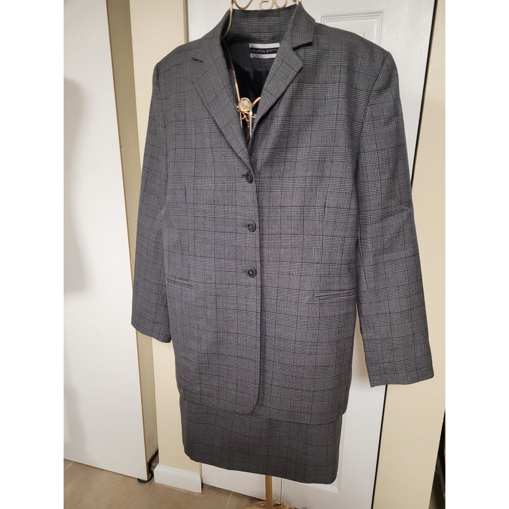 Amanda Smith Pure Wool Skirt SuitSet Gray Glen Plaid Blazer Pencil Skirt Size 14